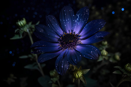 Blue flower on a black background with bokeh lights. Close up.の素材