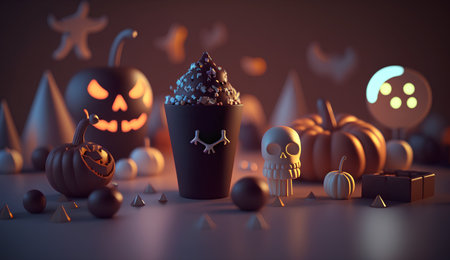 Halloween background with jack o lanterns, pumpkins, candies and skulls. 3d renderの素材