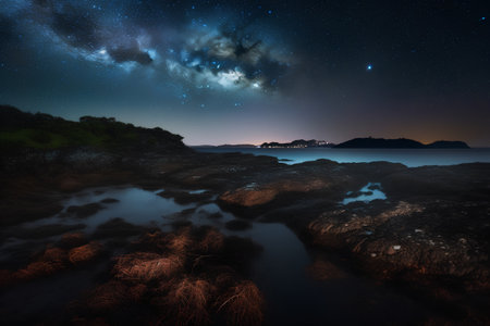 Milky way over the sea with rocks and plants in the foregroundの素材