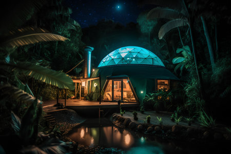 3D render of a futuristic house in the jungle at night.の素材