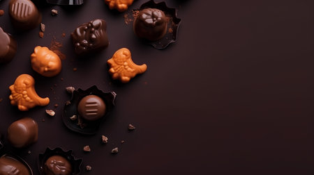Chocolate candies on dark background. Top view with copy spaceの素材