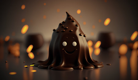 3d illustration of chocolate cream with burning candles on a dark backgroundの素材
