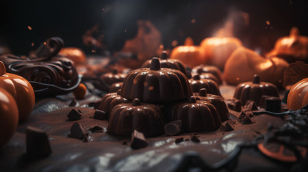 Halloween background with pumpkins and chocolate candies on dark backgroundの素材