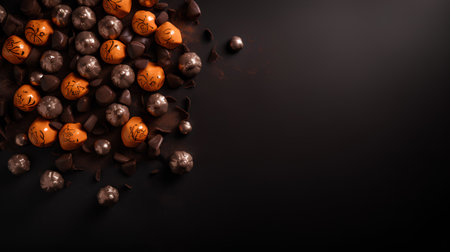 Chocolate candies on a dark background. Top view with copy space.の素材