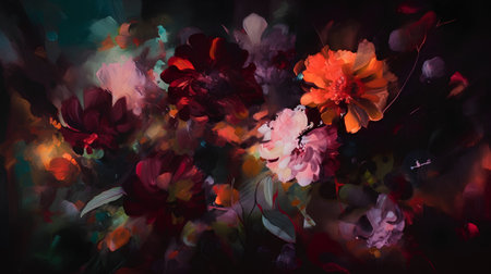 Abstract watercolor painting with peony flowers on black background. Modern art.の素材