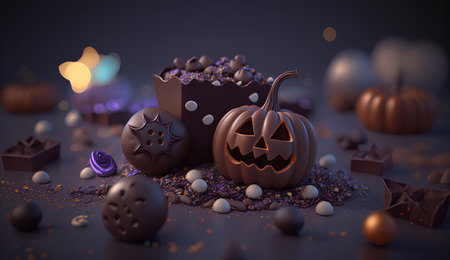 Halloween background with pumpkins and chocolate candies, 3d renderの素材