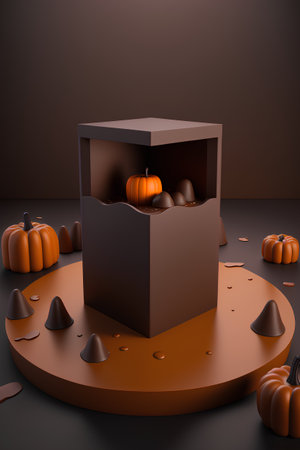 Halloween background with pumpkins and chocolate candies. 3d renderの素材