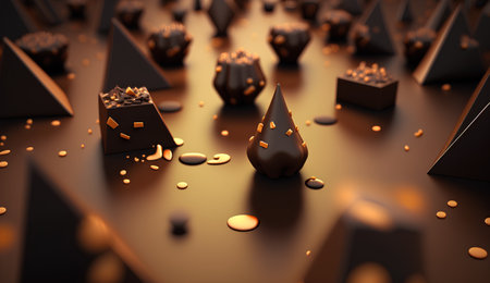 3d rendering of black chocolate candies with golden confetti and gift boxの素材