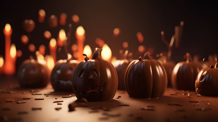 Halloween background with pumpkins and candles, shallow depth of fieldの素材