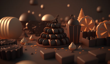 3d illustration of chocolate candies and cupcakes. 3d renderingの素材