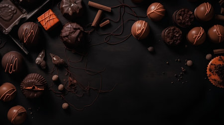 Chocolate candies on a black background. Top view with copy spaceの素材