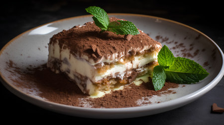 Tiramisu cake with chocolate and mint on a dark backgroundの素材
