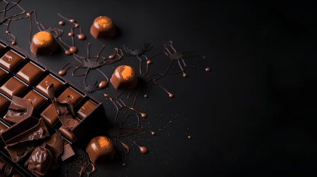 Dark chocolate with candies on a black background. Copy space.の素材