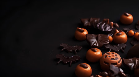 Chocolate Halloween candies over black background. Shallow dof.の素材