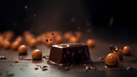 Chocolate pieces with drops of chocolate on a dark background. Shallow depth of fieldの素材