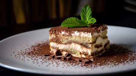 Tiramisu cake with chocolate and mint on a white plateの素材