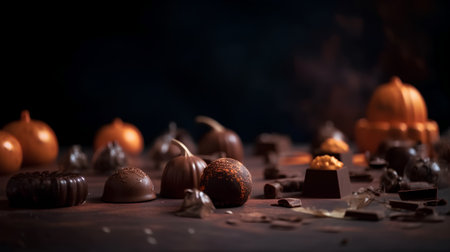 Chocolate candies and pumpkins on a dark background. Selective focus.の素材