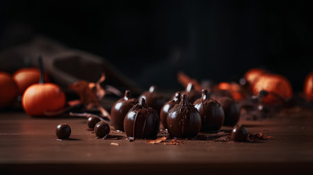 Chocolate candies with pumpkins on wooden table. Selective focusの素材