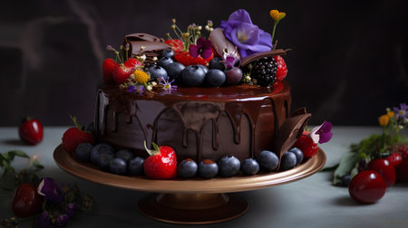 Chocolate cake with fresh berries and flowers on a dark background.の素材