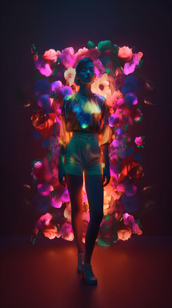 Futuristic portrait of a beautiful young woman in neon light.の素材