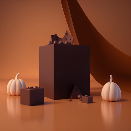3d render of Halloween background with pumpkin and chocolate candies.の素材