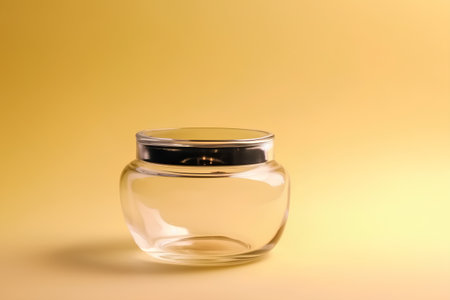 Empty glass jar on a yellow background. Shallow depth of field.の素材