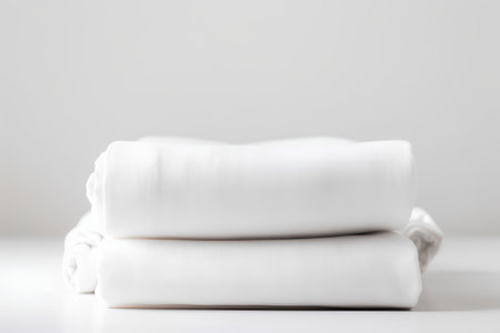 Stack of white folded clothes on white background. Selective focus.の素材