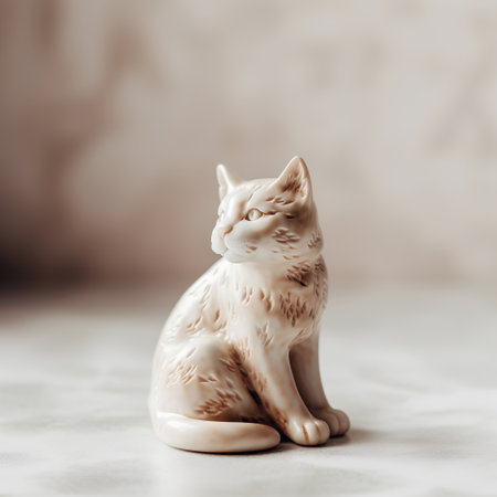 Ceramic statuette of a cat on a light backgroundの素材