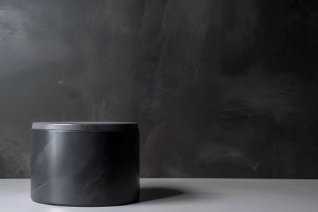 Empty black cosmetic container on gray background. Mockup for product display.の素材