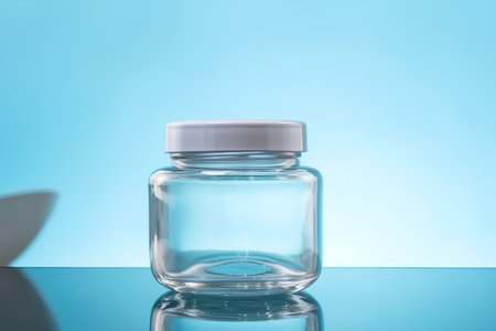 Empty glass jar on blue background with reflection and place for text.の素材