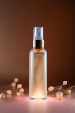 Perfume bottle on a brown background with beads of pearlsの素材