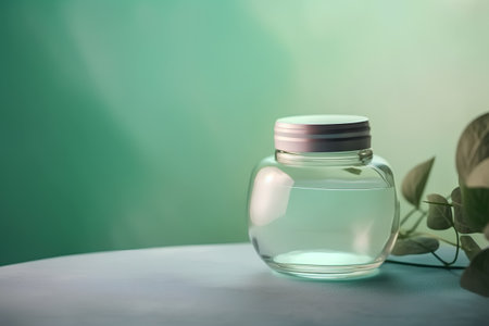 Empty glass jar with a green leaf on a green background. Shallow depth of fieldの素材