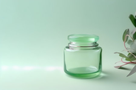 Cosmetic bottle with green label on green background with eucalyptusの素材