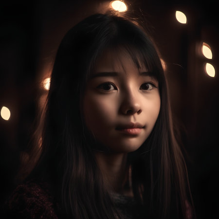 Portrait of a beautiful Asian woman in a dark room with lightsの素材