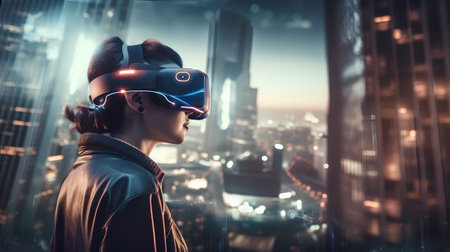 Young woman with virtual reality headset on city background. 3d renderingの素材