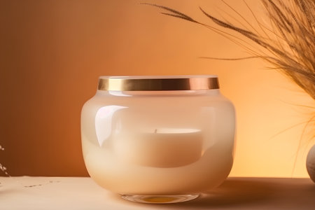 cosmetic cream in a glass jar on a wooden table with ears of wheatの素材