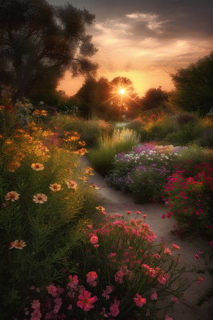 Sunset in the garden with flowers and a path leading to the sunの素材