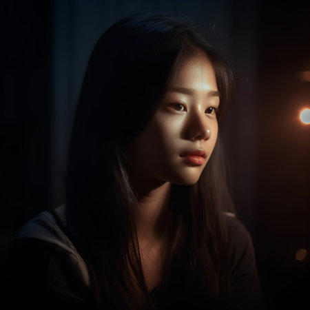 Portrait of a beautiful asian woman in a dark room.の素材