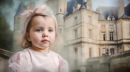 Portrait of a cute little girl on the background of the castleの素材