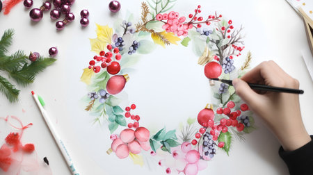 Hand painting a christmas wreath with watercolors on white paperの素材