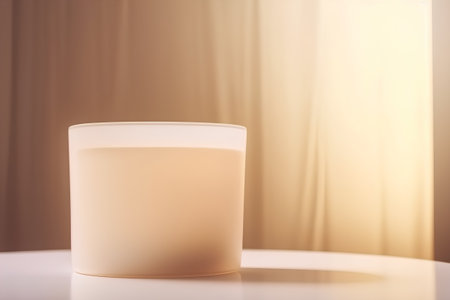 Cream in a glass on a white table with a light backgroundの素材