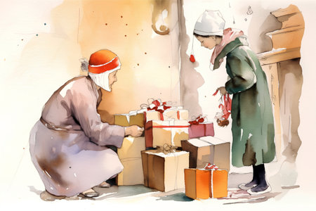 Hand drawn illustration of an old woman unpacking gifts at home.の素材
