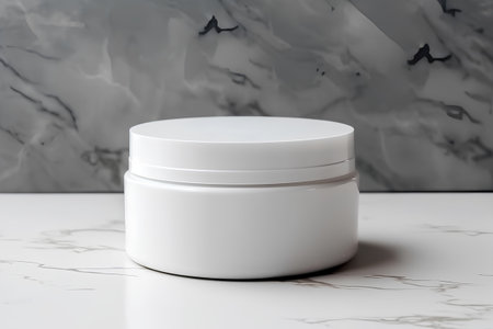 Cosmetic cream in a white jar on a white marble table with marble backgroundの素材