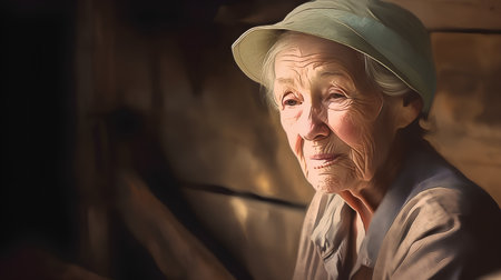 Portrait of an elderly woman in a hat. Toned.の素材