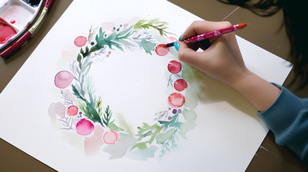 Child drawing a christmas wreath with watercolors on paperの素材