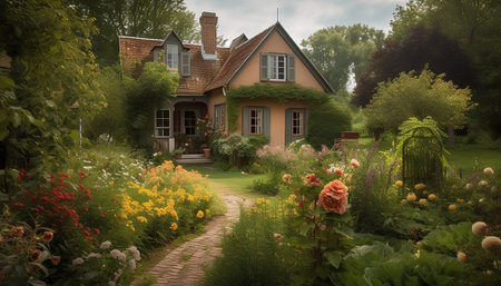Beautiful summer garden with blooming flowers and old house, Hollandの素材