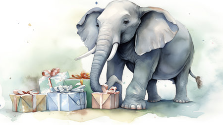 Watercolor illustration of an elephant with gift boxes and present boxes.の素材