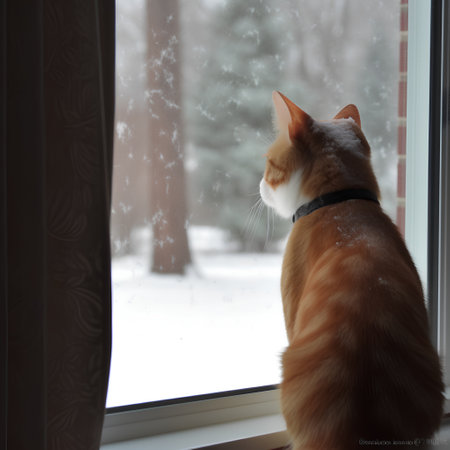 Red cat looking out the window at snowfall in winter day.の素材