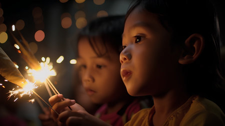 Happy asian children celebrate new year with sparklers in the darkの素材