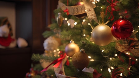 Christmas tree with golden and red baubles, close-upの素材